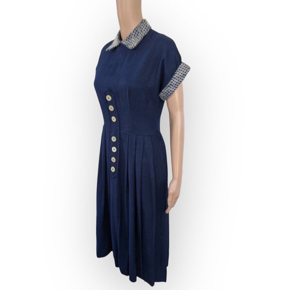 50s Mohair Collar Cuffs Dress Dark Blue Vintage S
